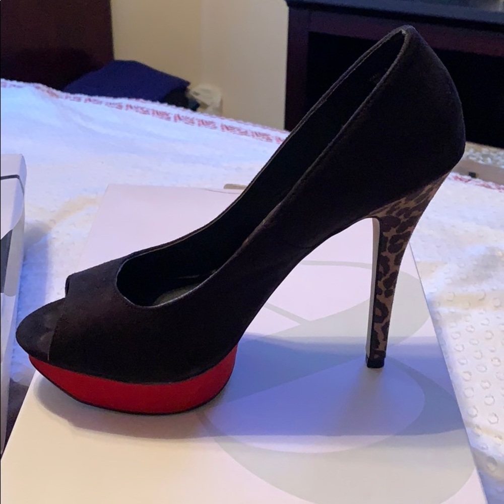 Red platform with animal print heel